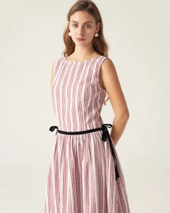 Red Plaid Boat Neck Midi Dress