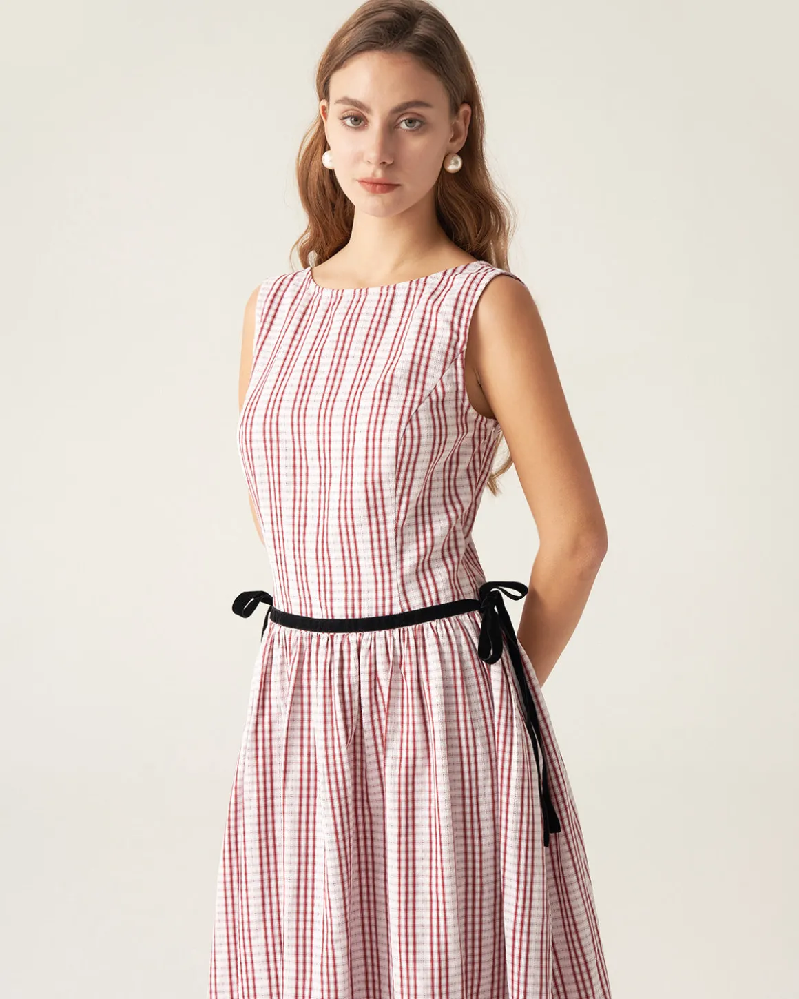 Red Plaid Boat Neck Midi Dress