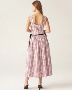 Red Plaid Boat Neck Midi Dress