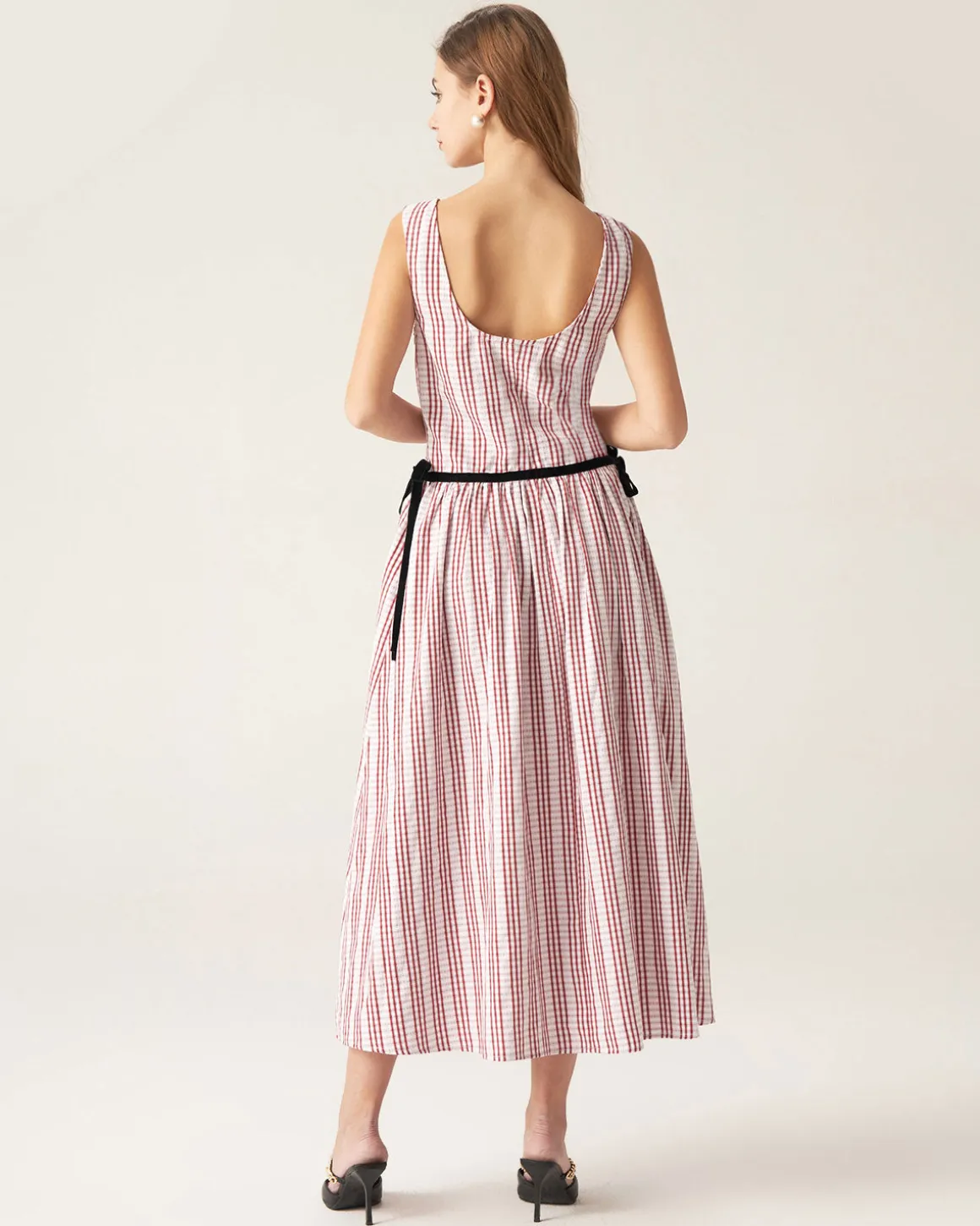 Red Plaid Boat Neck Midi Dress