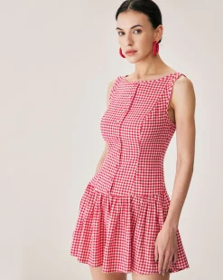 Red Plaid Boat Neck Mini Dress
