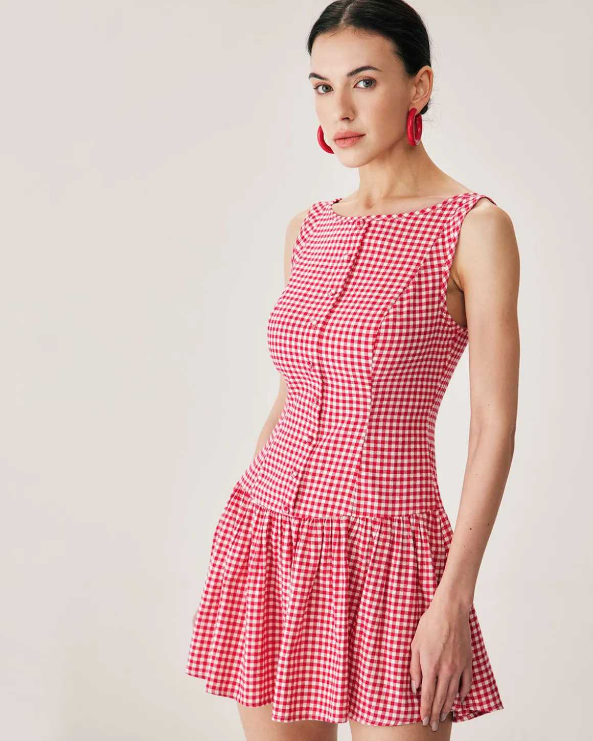 Red Plaid Boat Neck Mini Dress