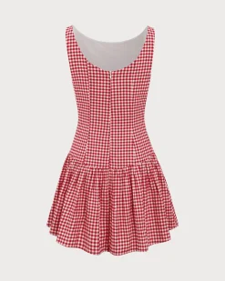 Red Plaid Boat Neck Mini Dress