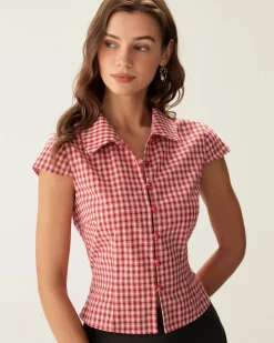 Red Plaid Cap Sleeve Button Blouse