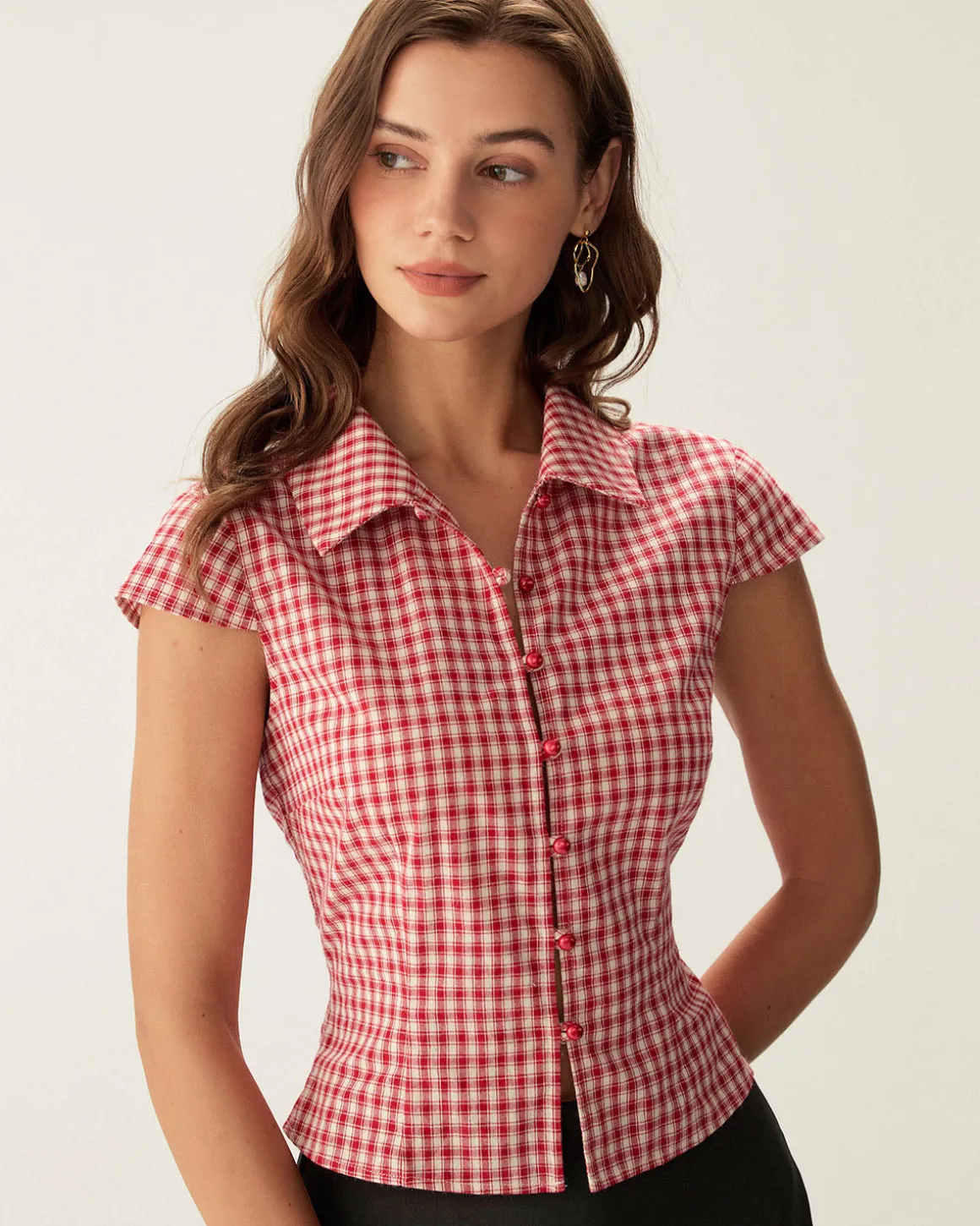Red Plaid Cap Sleeve Button Blouse
