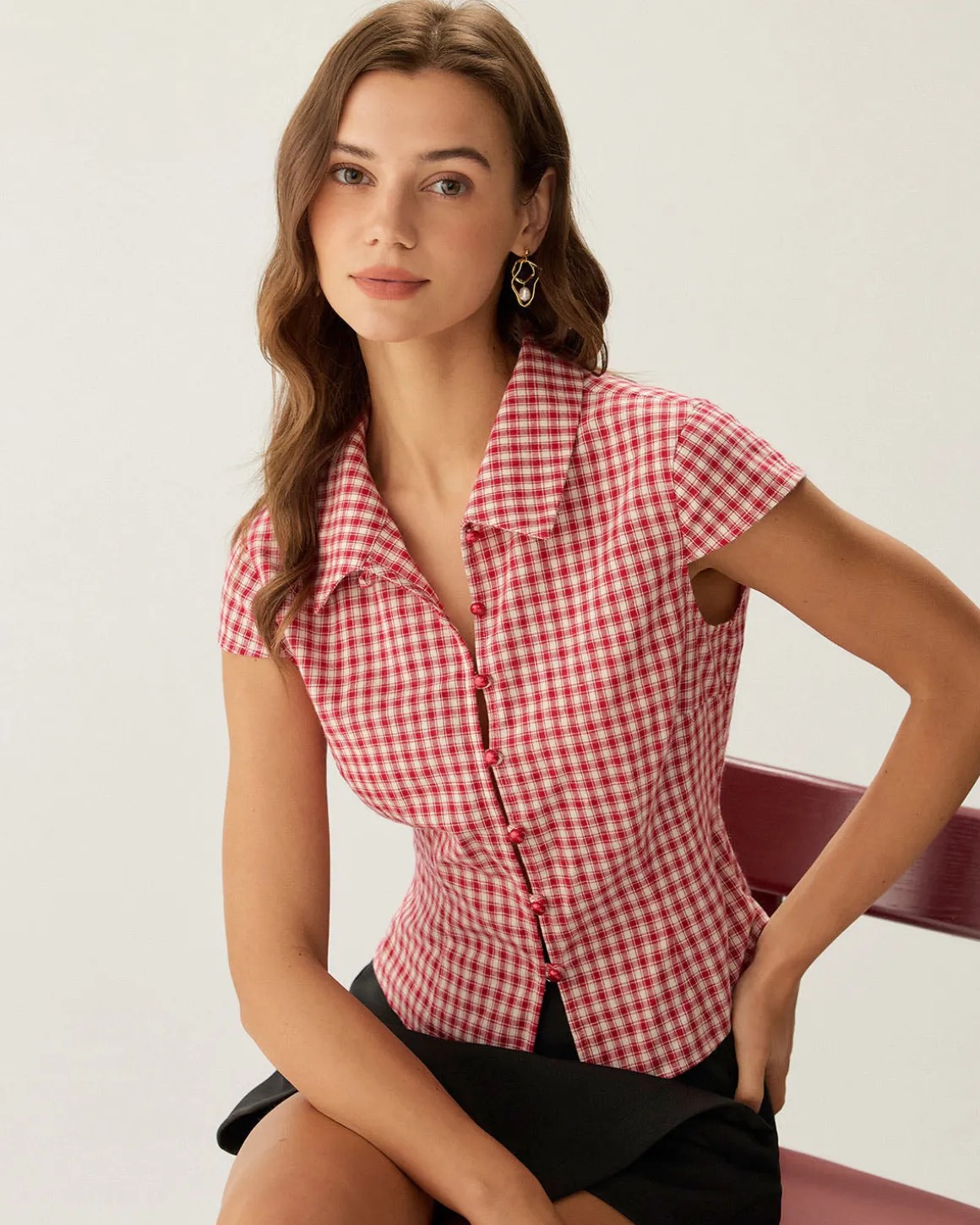 Red Plaid Cap Sleeve Button Blouse