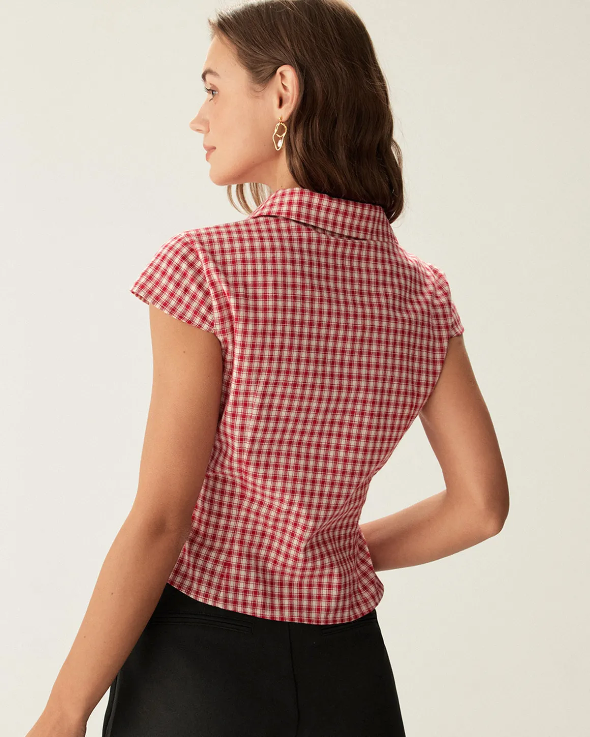 Red Plaid Cap Sleeve Button Blouse
