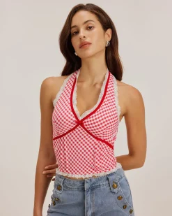 Red Plaid Halter Tank Top