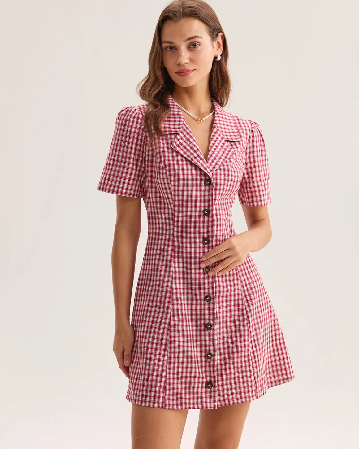 Red Plaid Pocket Button Mini Dress