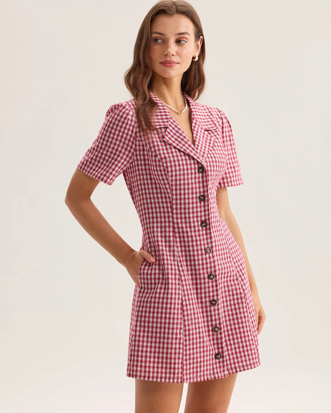 Red Plaid Pocket Button Mini Dress
