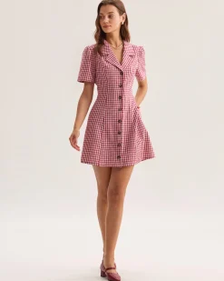 Red Plaid Pocket Button Mini Dress