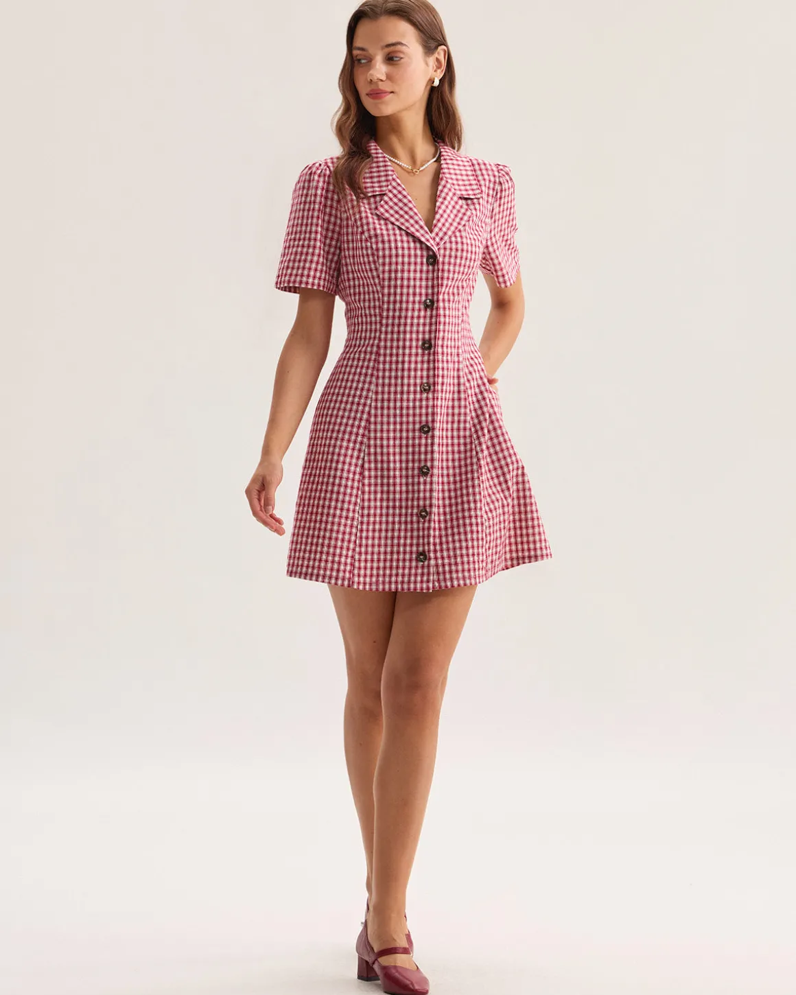 Red Plaid Pocket Button Mini Dress
