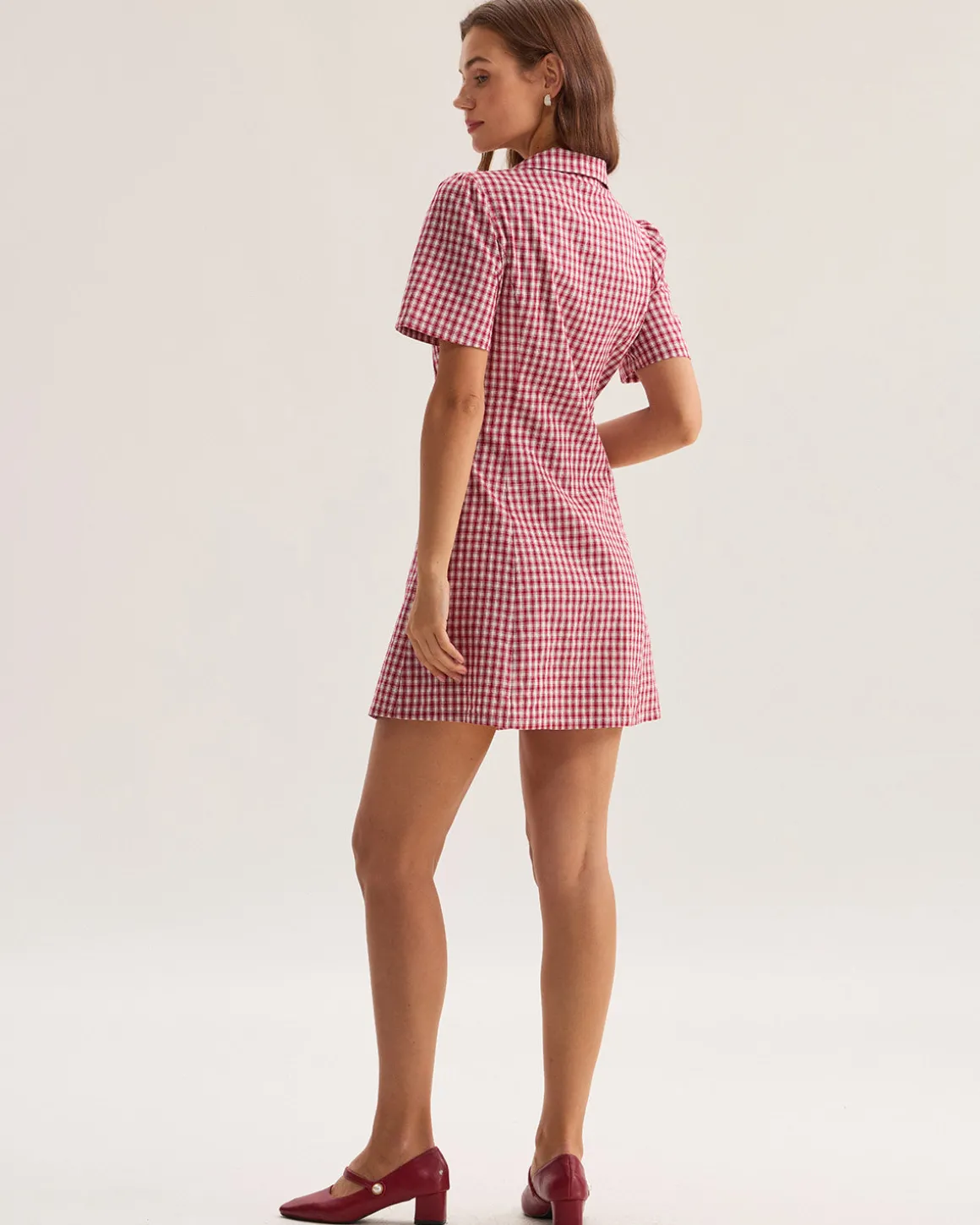 Red Plaid Pocket Button Mini Dress