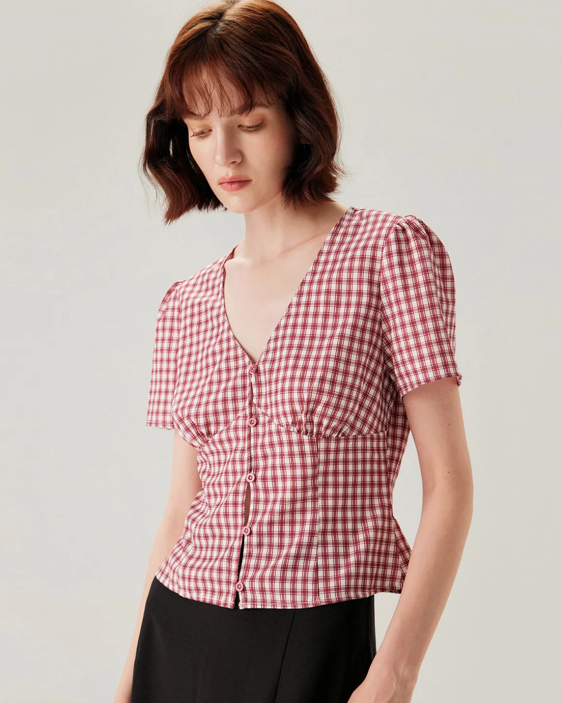 Red Plaid Puffed Sleeve V Neck Blouse