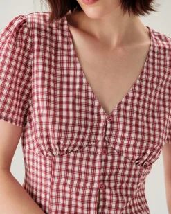 Red Plaid Puffed Sleeve V Neck Blouse