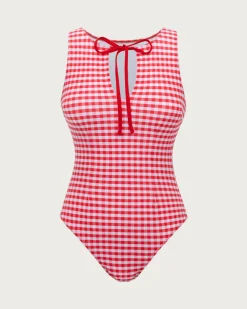 Red Plaid Retro One-Piece Swimsuit