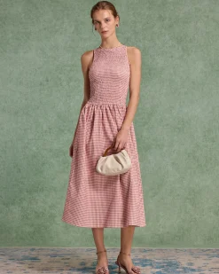 Red Plaid Shirred Sleeveless Midi Dress