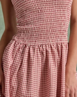 Red Plaid Shirred Sleeveless Midi Dress
