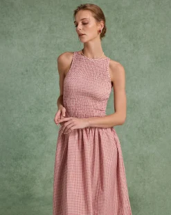 Red Plaid Shirred Sleeveless Midi Dress