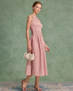 Red Plaid Shirred Sleeveless Midi Dress