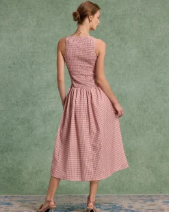 Red Plaid Shirred Sleeveless Midi Dress