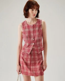 Red Plaid Single Breasted Vest