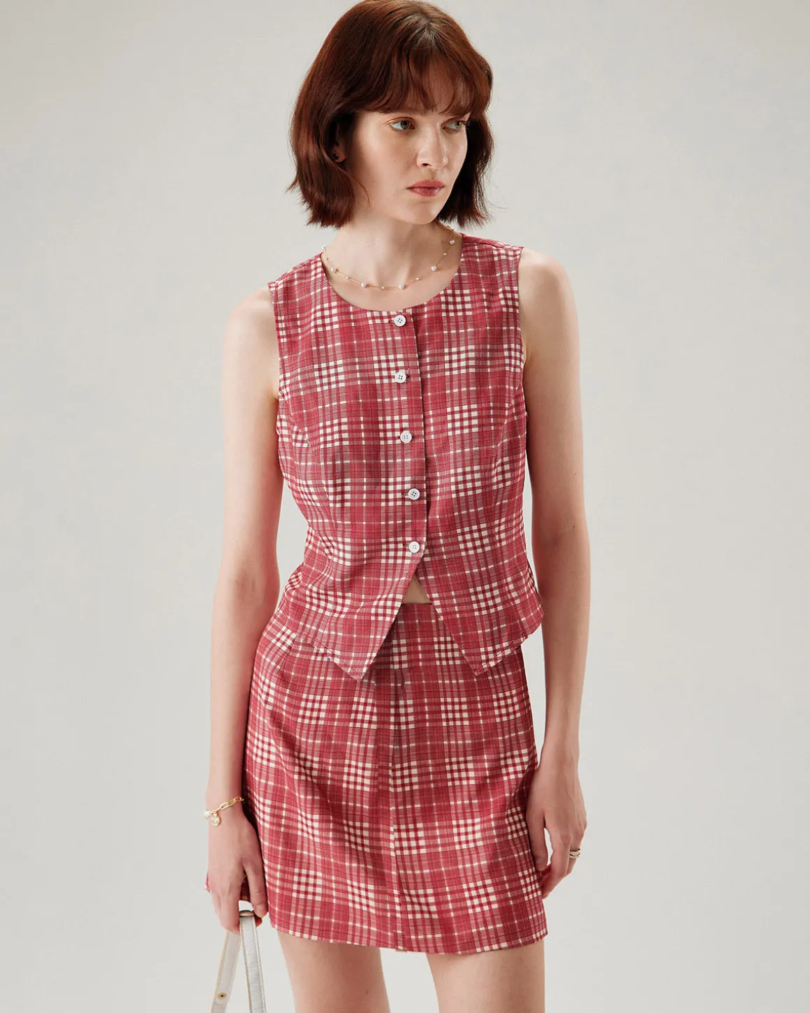 Red Plaid Single Breasted Vest