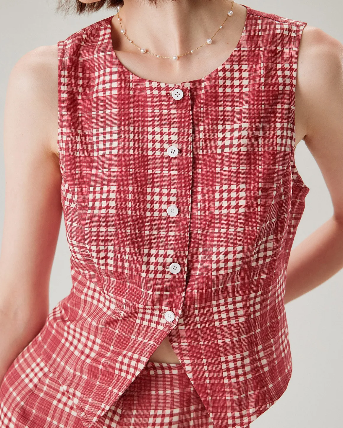 Red Plaid Single Breasted Vest