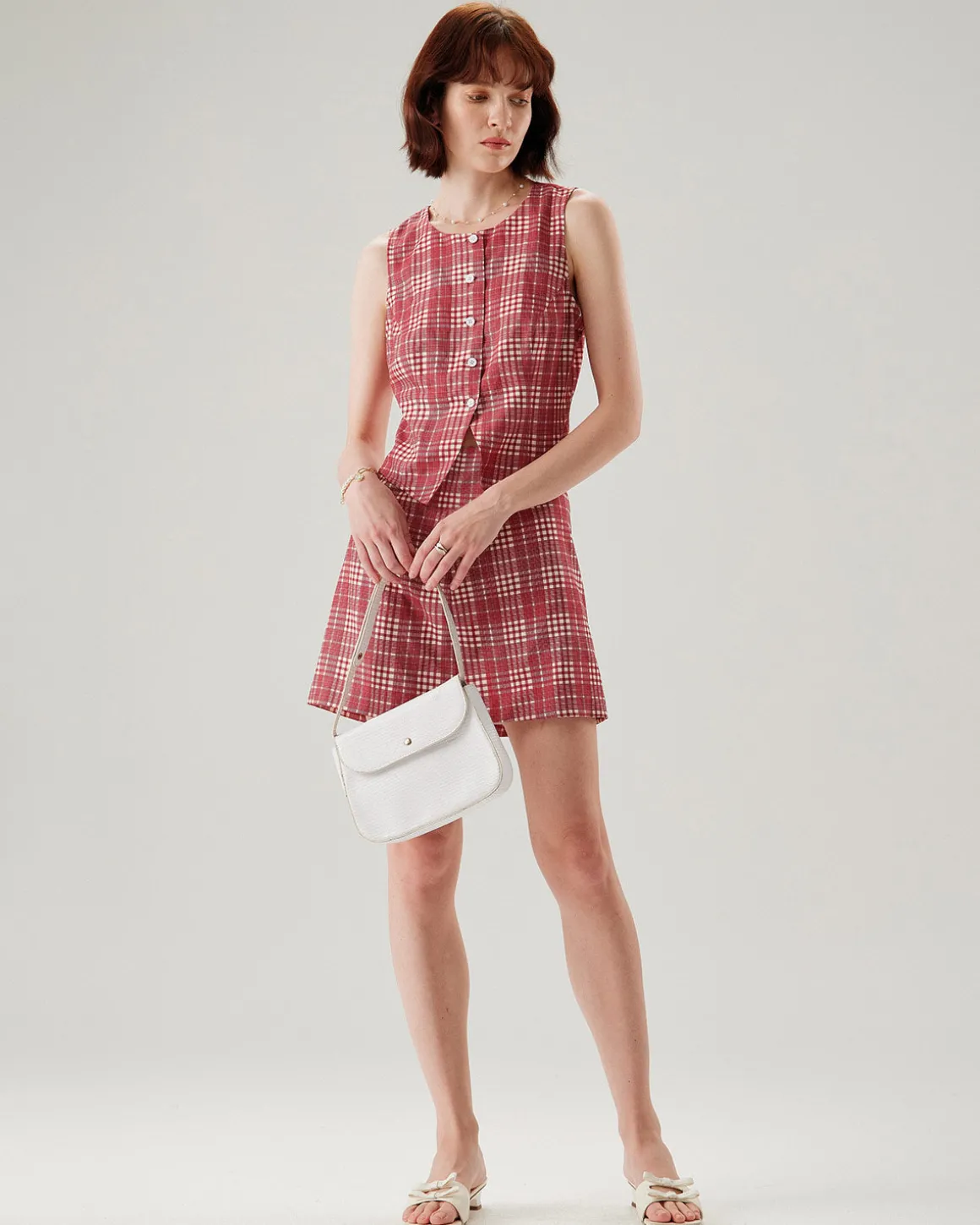 Red Plaid Single Breasted Vest
