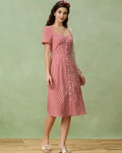 Red Plaid Square Neck Midi Dress
