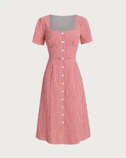 Red Plaid Square Neck Midi Dress