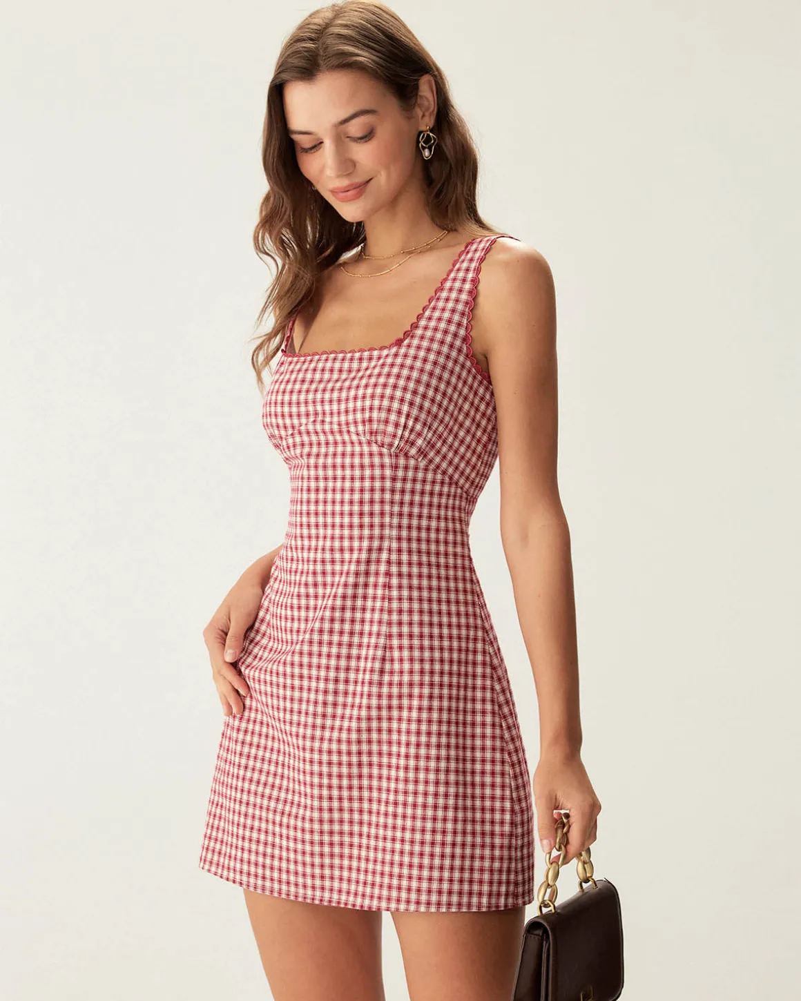 Red Plaid Square Neck Slip Mini Dress