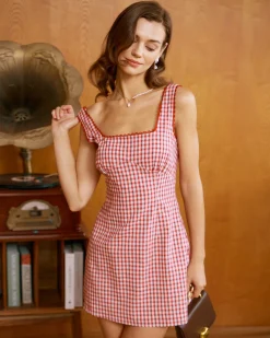 Red Plaid Square Neck Slip Mini Dress