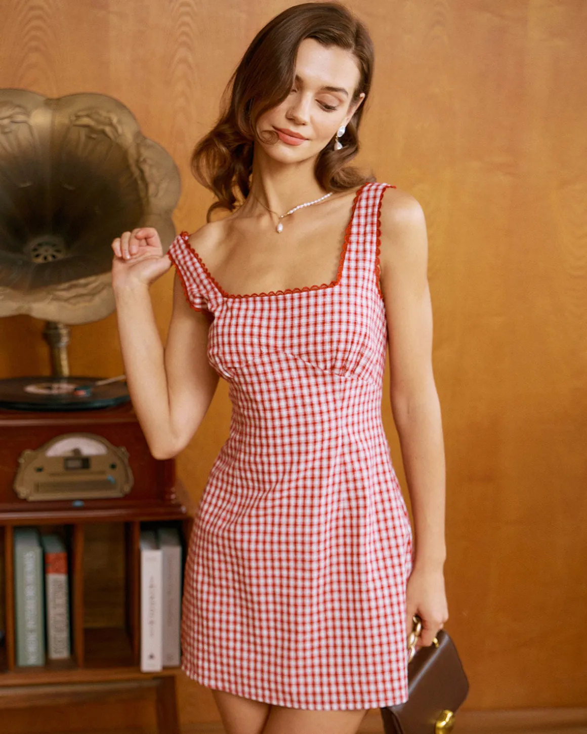 Red Plaid Square Neck Slip Mini Dress