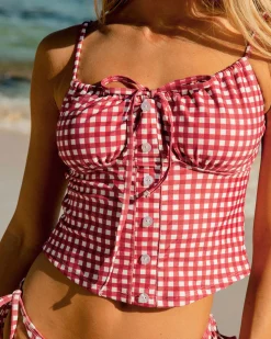 Red Plaid Tie Front Tankini Swimsuit