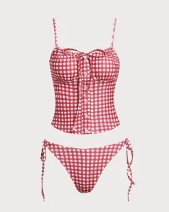 Red Plaid Tie Front Tankini Swimsuit