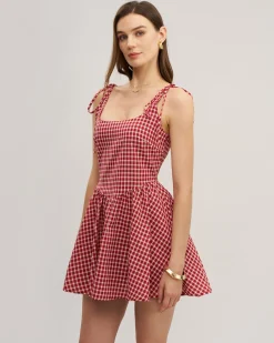 Red Plaid Tie Strap Mini Dress
