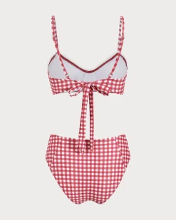 Red Plaid Tie-back Bikini Set