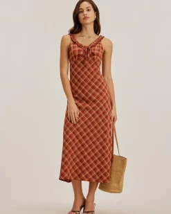 Red Plaid V Neck Slip Maxi Dress