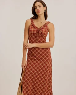 Red Plaid V Neck Slip Maxi Dress