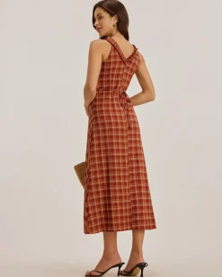 Red Plaid V Neck Slip Maxi Dress