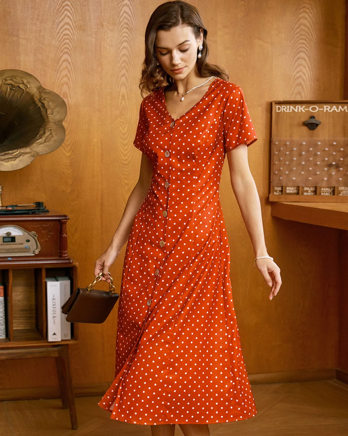 Red Polka Dot Button Midi Dress