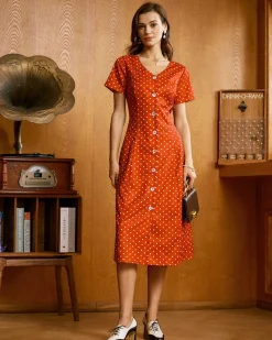 Red Polka Dot Button Midi Dress