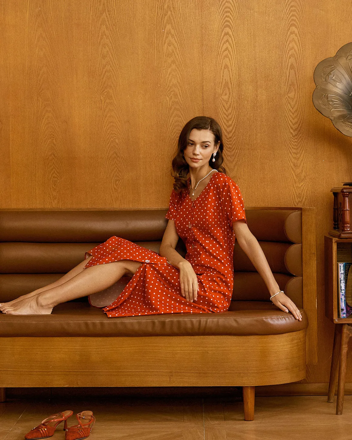 Red Polka Dot Button Midi Dress
