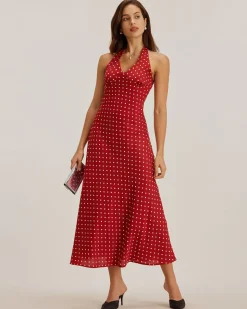 Red Polka Dot Halter Maxi Dress