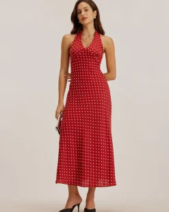 Red Polka Dot Halter Maxi Dress