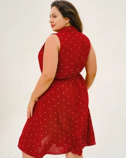 Red Polka Dot Plus Size Button Midi Dress