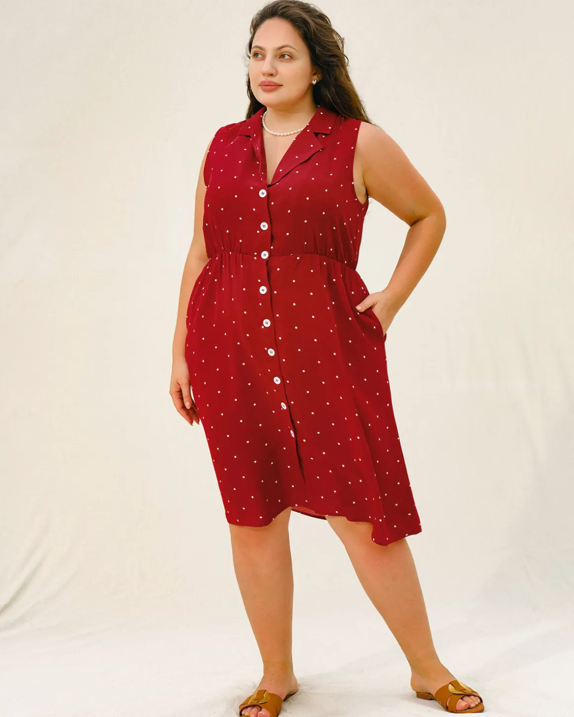 Red Polka Dot Plus Size Button Midi Dress
