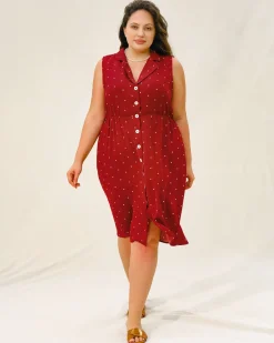 Red Polka Dot Plus Size Button Midi Dress