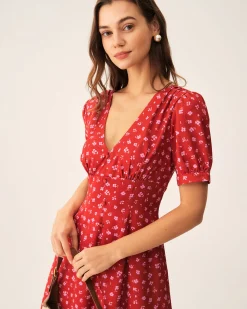 Red Polka Dot Ruched Midi Dress